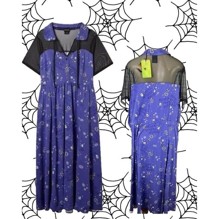 Warner Bros Plus 4X Purple Mesh Accent Beetlejuice Print Side Pockets Midi Dress