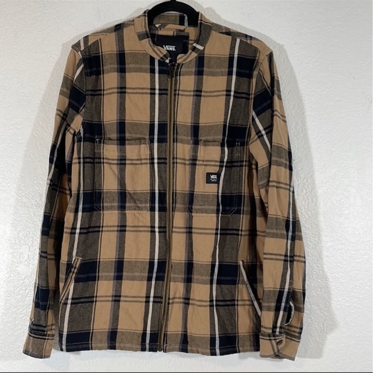 VANS CLASSIC FIT PLAID FLANNEL FULL ZIP SHACKET TAN GRAY JACKET POCKETS SMALL