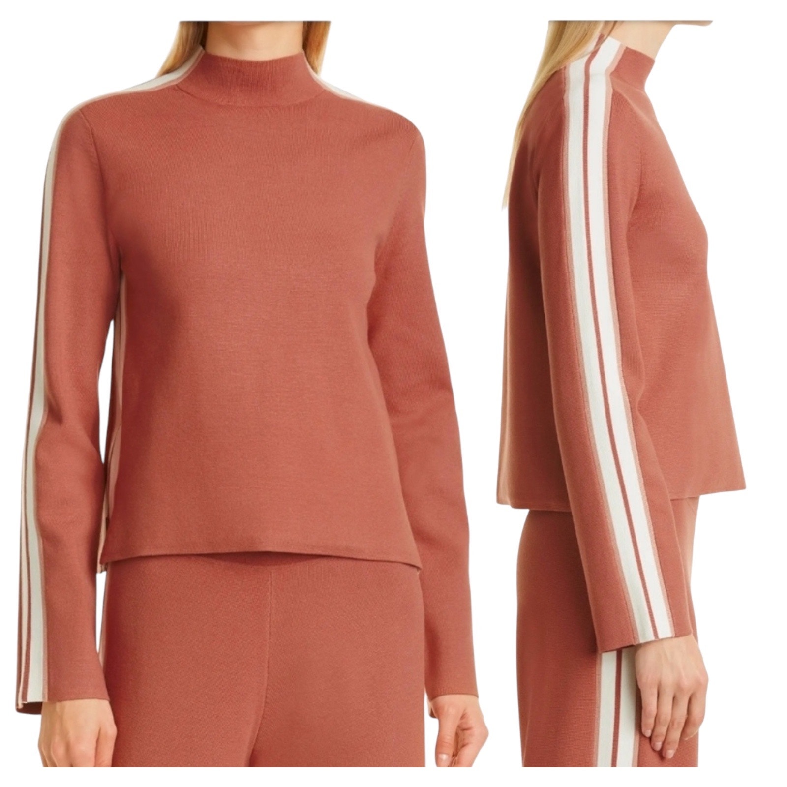 Veronica Beard Retha Sweater Womens Sz S Terracotta Mock Neck Side Stripe