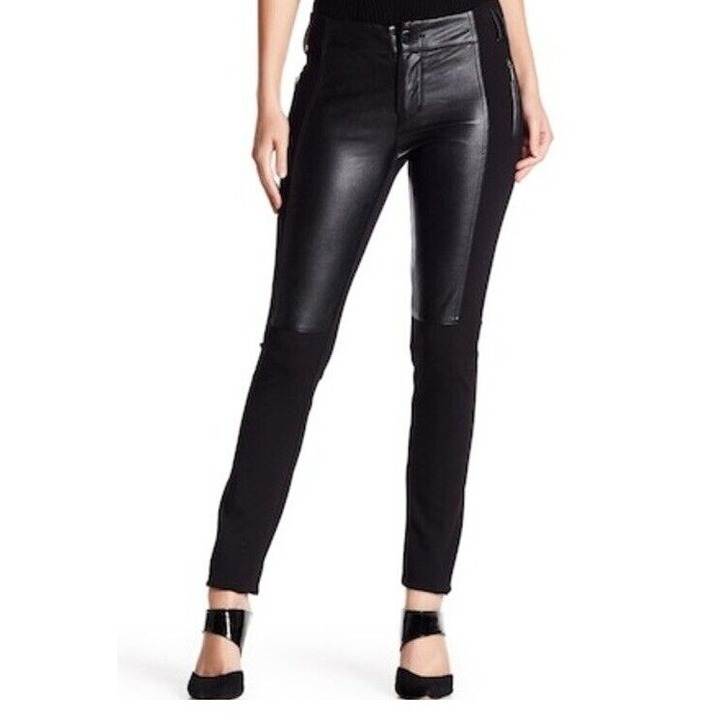 Gracia Womens Black Front Faux Leather Mixed Media Pockets Leggings Pants Size S
