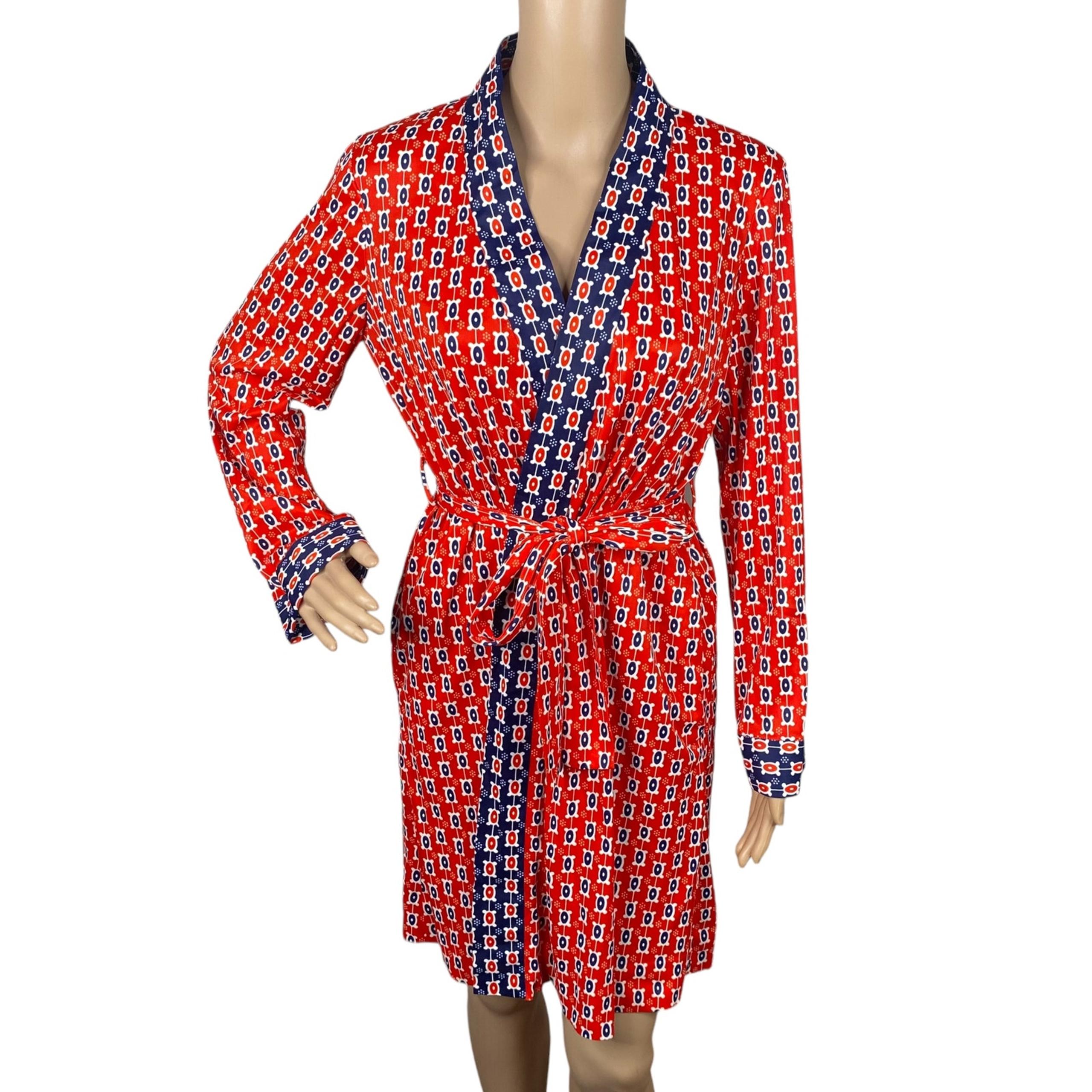 Vtg 70s Dorian Leo Narducci Red Blue Geometric Mod Wrap Dress Women's M