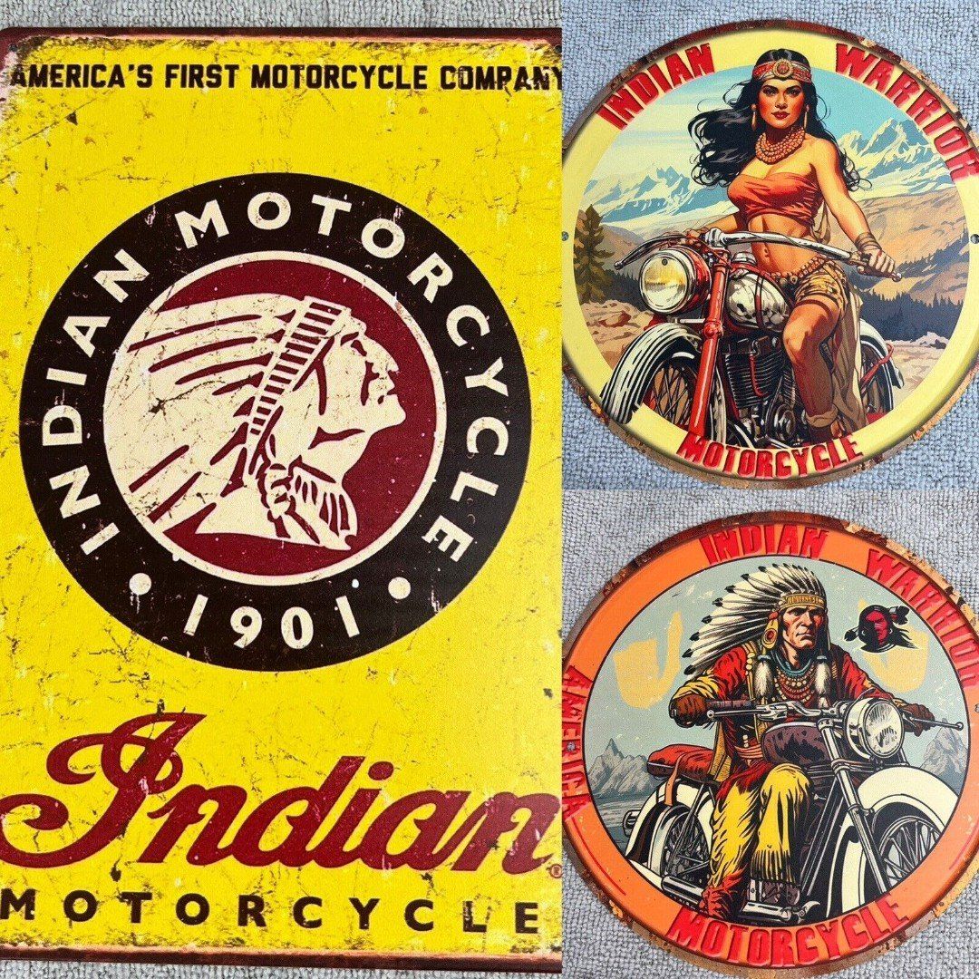 Lot of 3 Indian Motorcycle Bike Tin Metal Sign Chief Bobber Scout FTR Mechanic