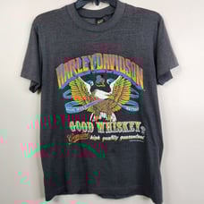 Vintage 1985 Harley-Davidson & Good Whiskey Frontside Burnout Short Sleeve Tee S