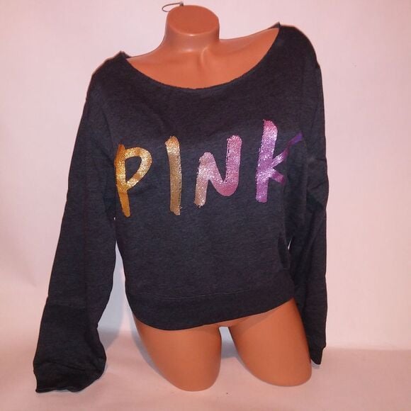 Victoria Secret PINK Crop Sweater XL Gray Glitter Logo Boat Neck Long Sleeve New