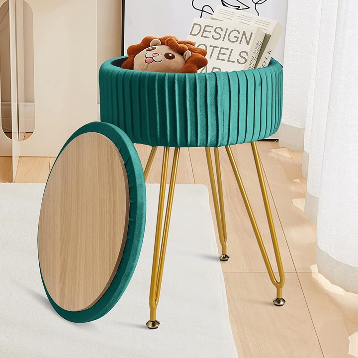 Velvet Round Storage Ottoman with Metal Legs