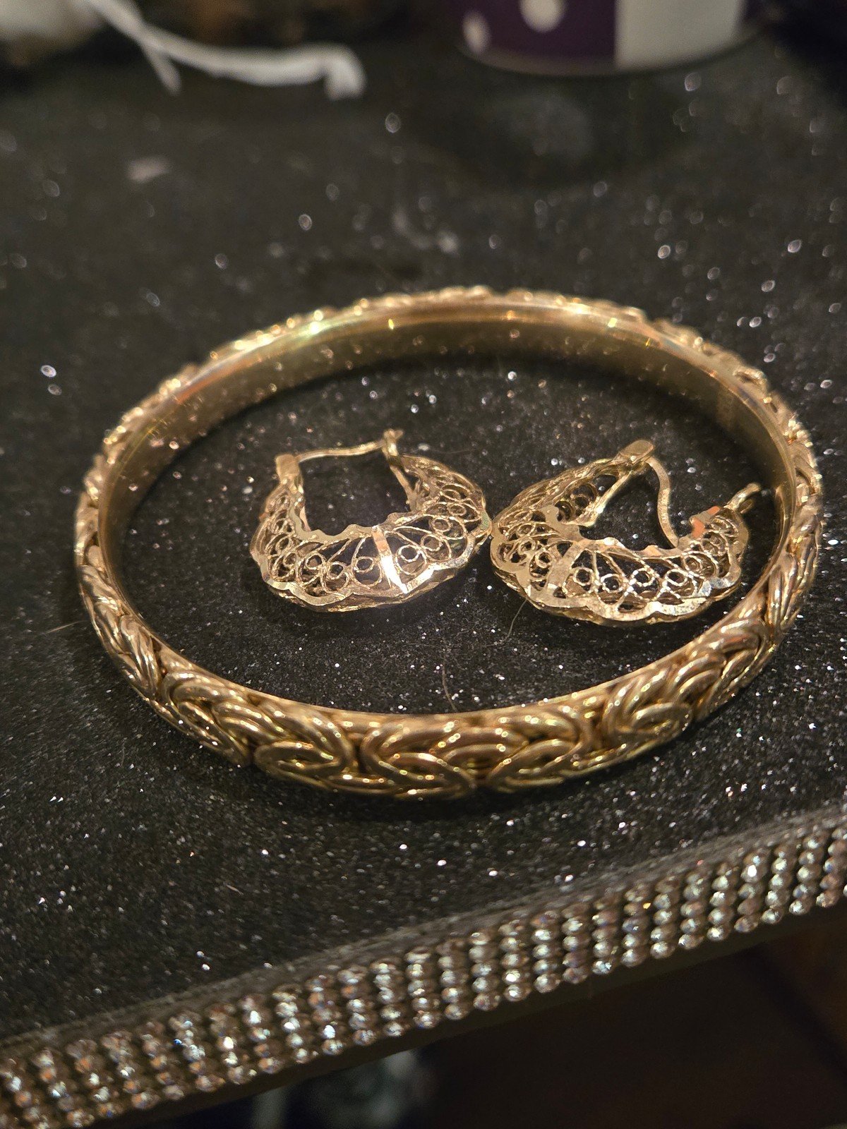 .925 yellow gold benzintine 6.5 inch bangle and earings stamped .925 turkey