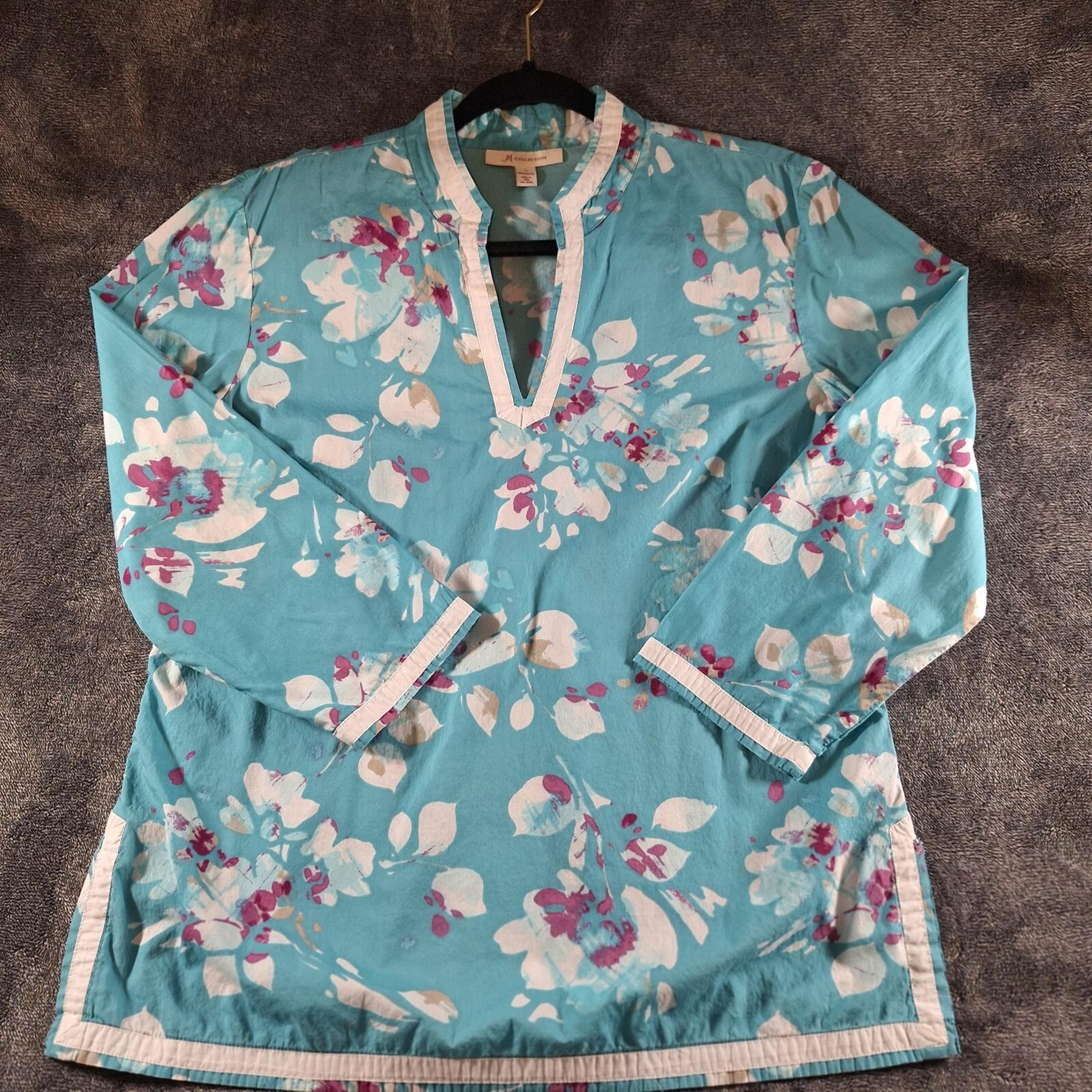 Jm Collection Asian Floral Mandarin Collar Blouse Womans 10 Turquoise Floral...