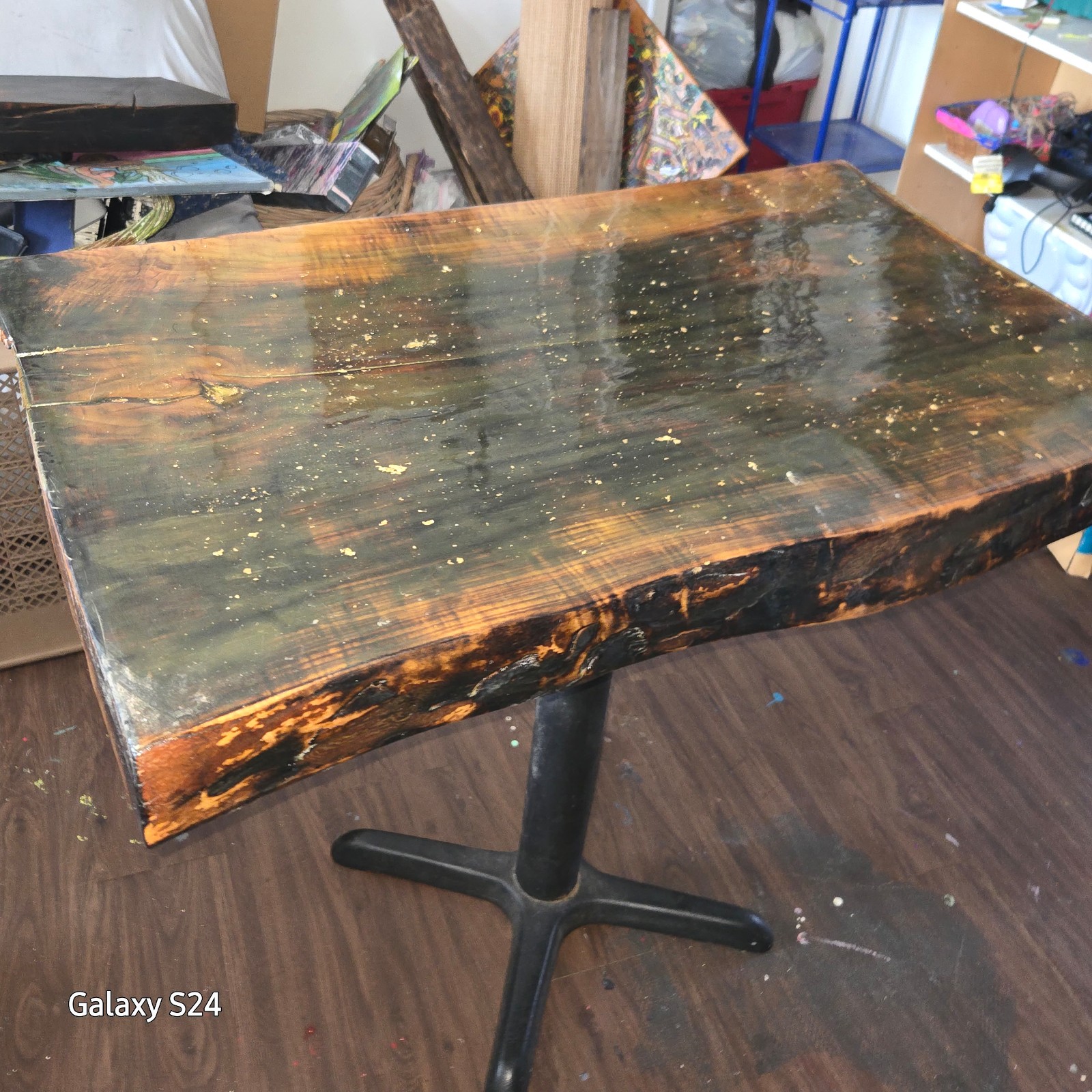 Wood slab table w/ cast iron table stand