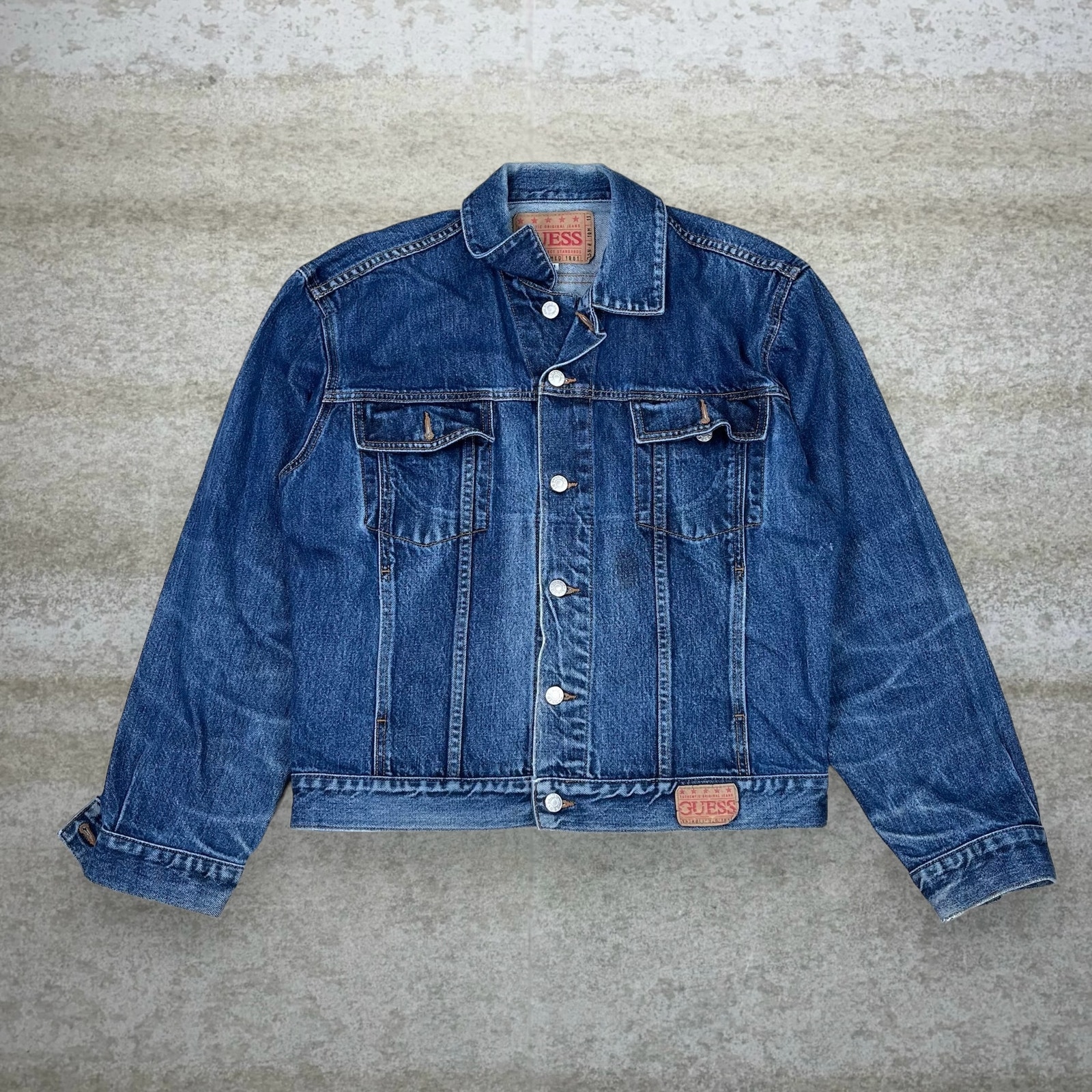 Vintage Guess Jean Jacket Detroit Style Fit Medium Wash Denim Button Up 90s