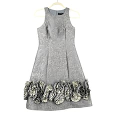 Aidan Mattox Grey Floral Jacquard Pattern Ruffled Hem Sleeveless Dress US 2