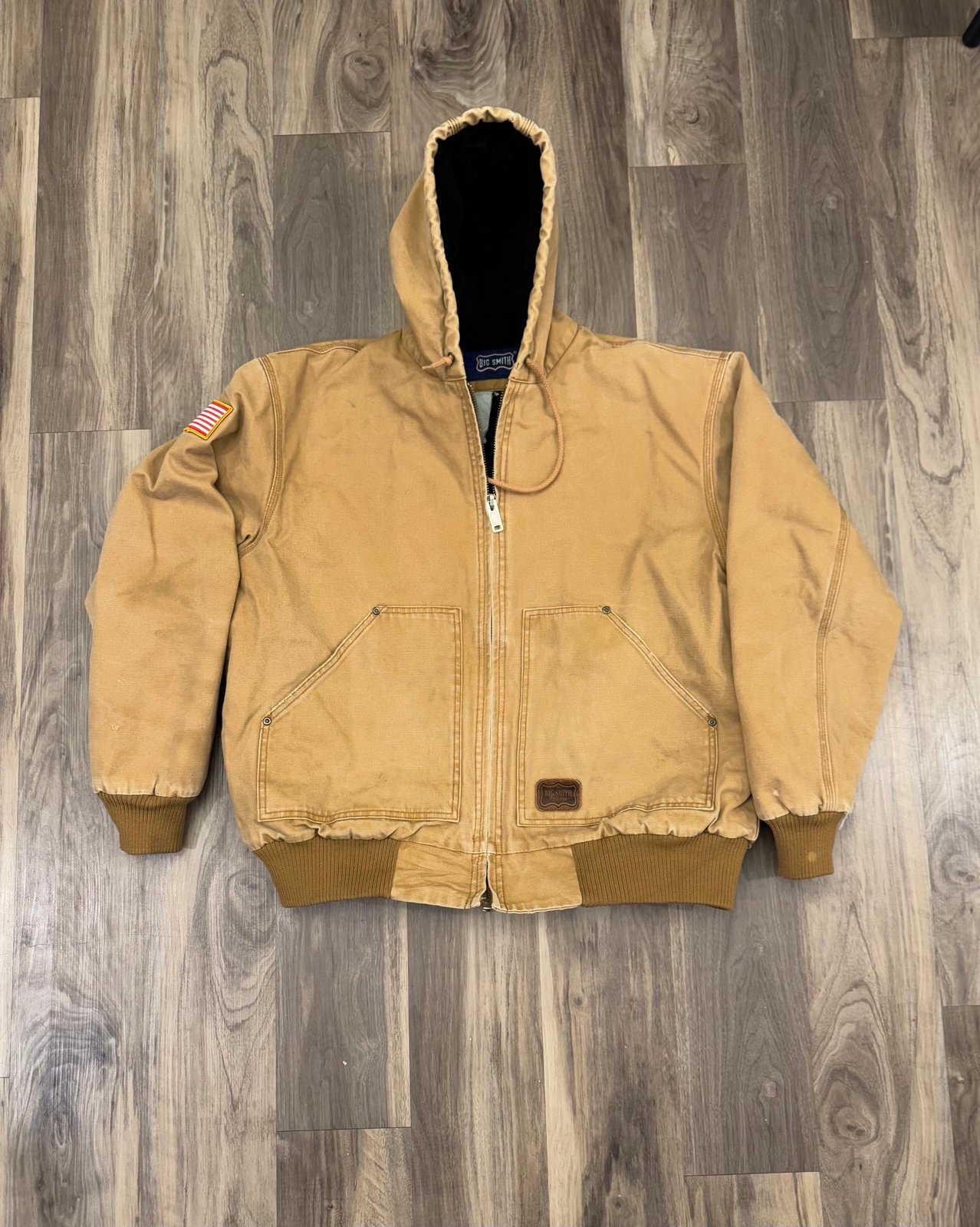 Big Smith Workwear Beige Canvas Full Zip Hooded Jacket Mens SZ Large