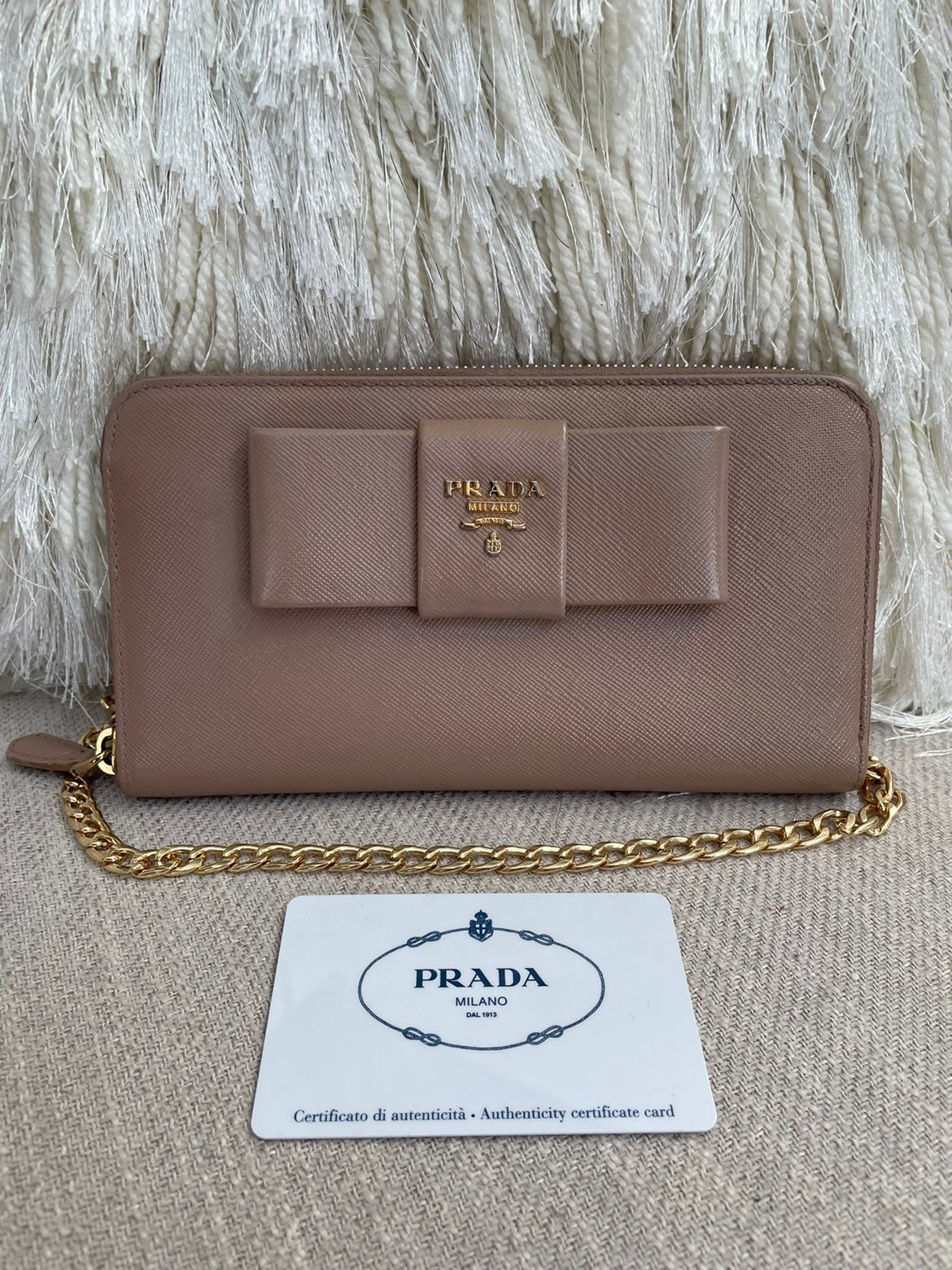 Prada Logo Beige Saffiano Crossbody Wallet