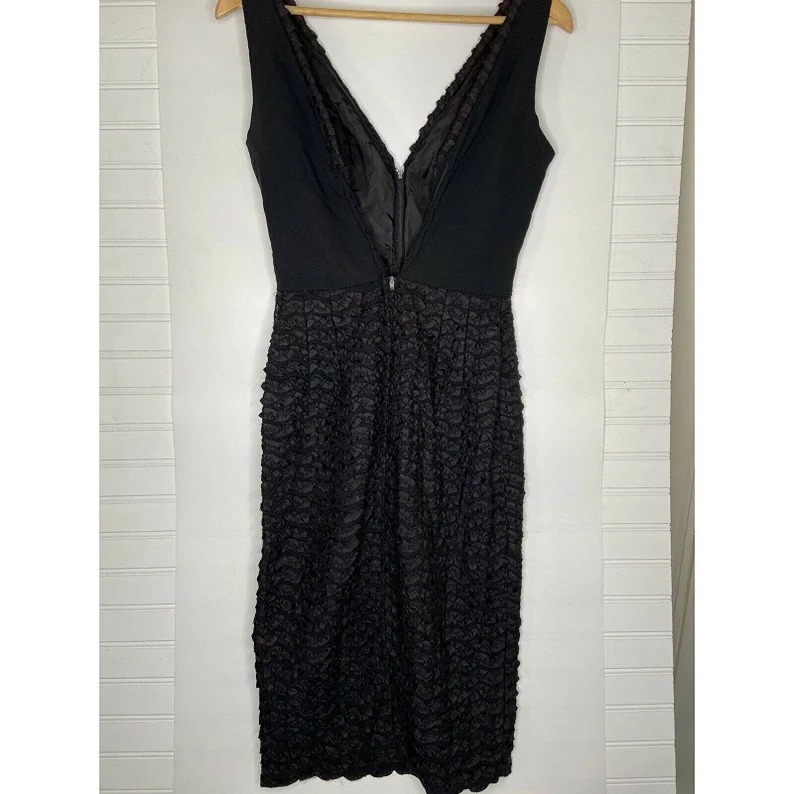 Vintage Ruffle Texture V high quality Neck Black Mid Calf Pencil Dress