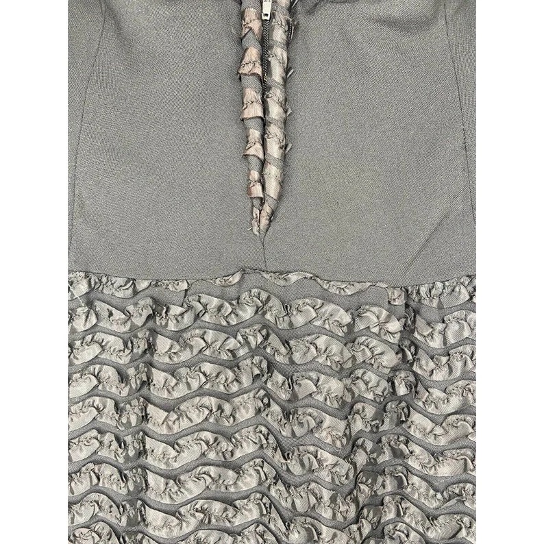 Vintage Ruffle Texture V high quality Neck Black Mid Calf Pencil Dress
