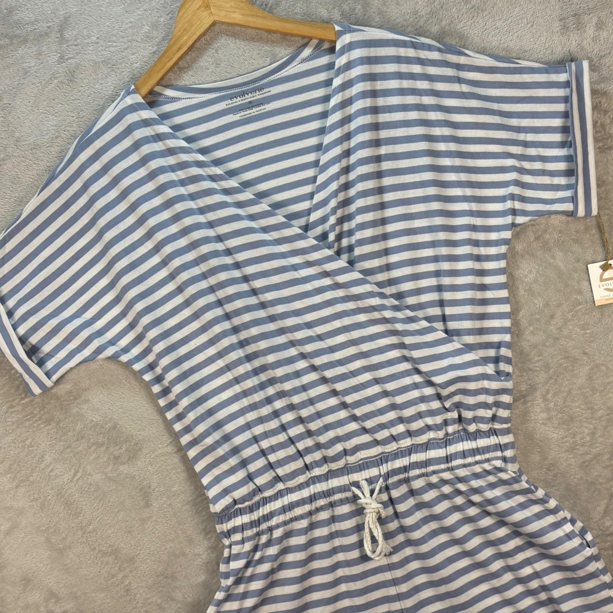 Evolverie Women's Striped Knit Short Sleeve Romper Blue White NWT Size M