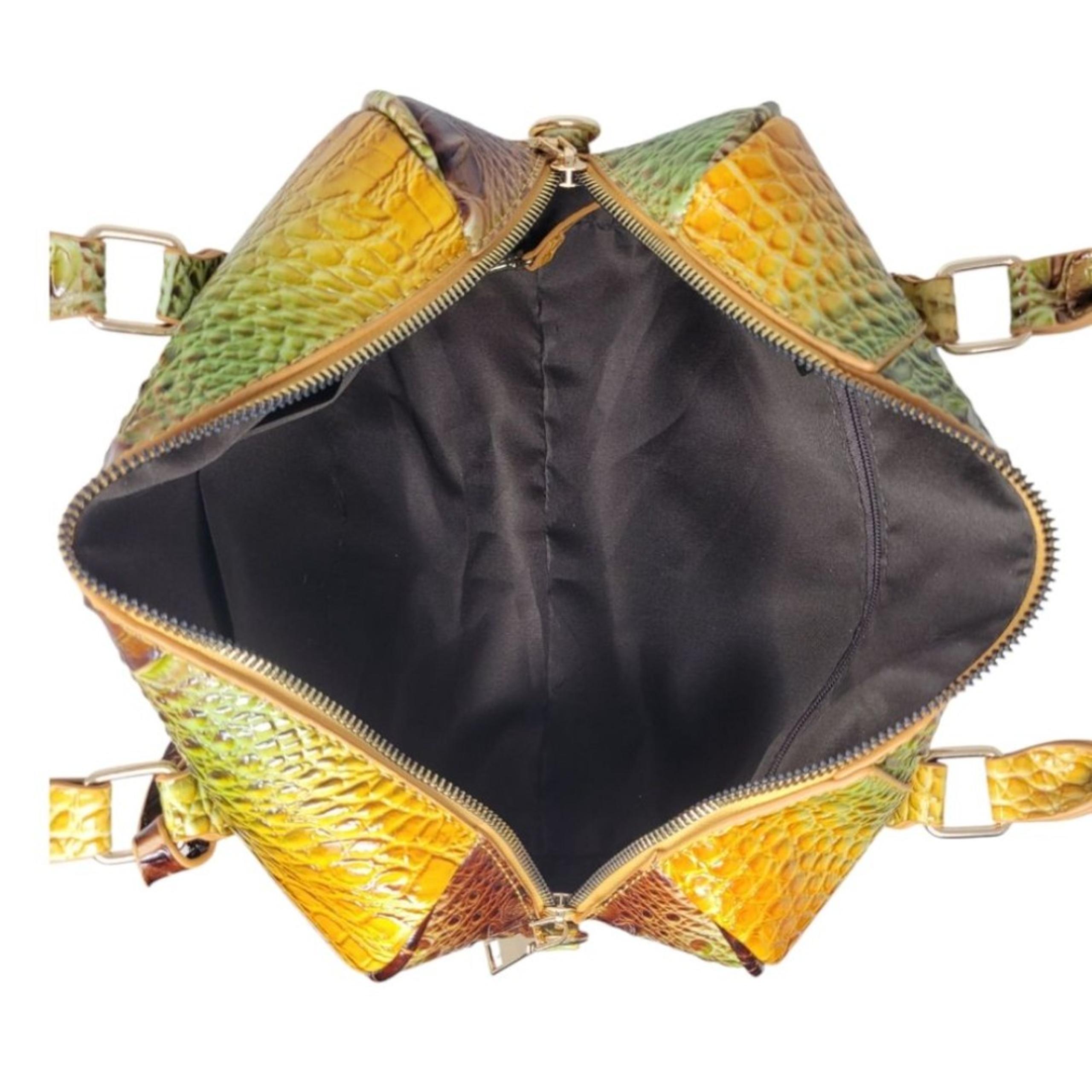 Brown and Green Faux Croc Boston Bag