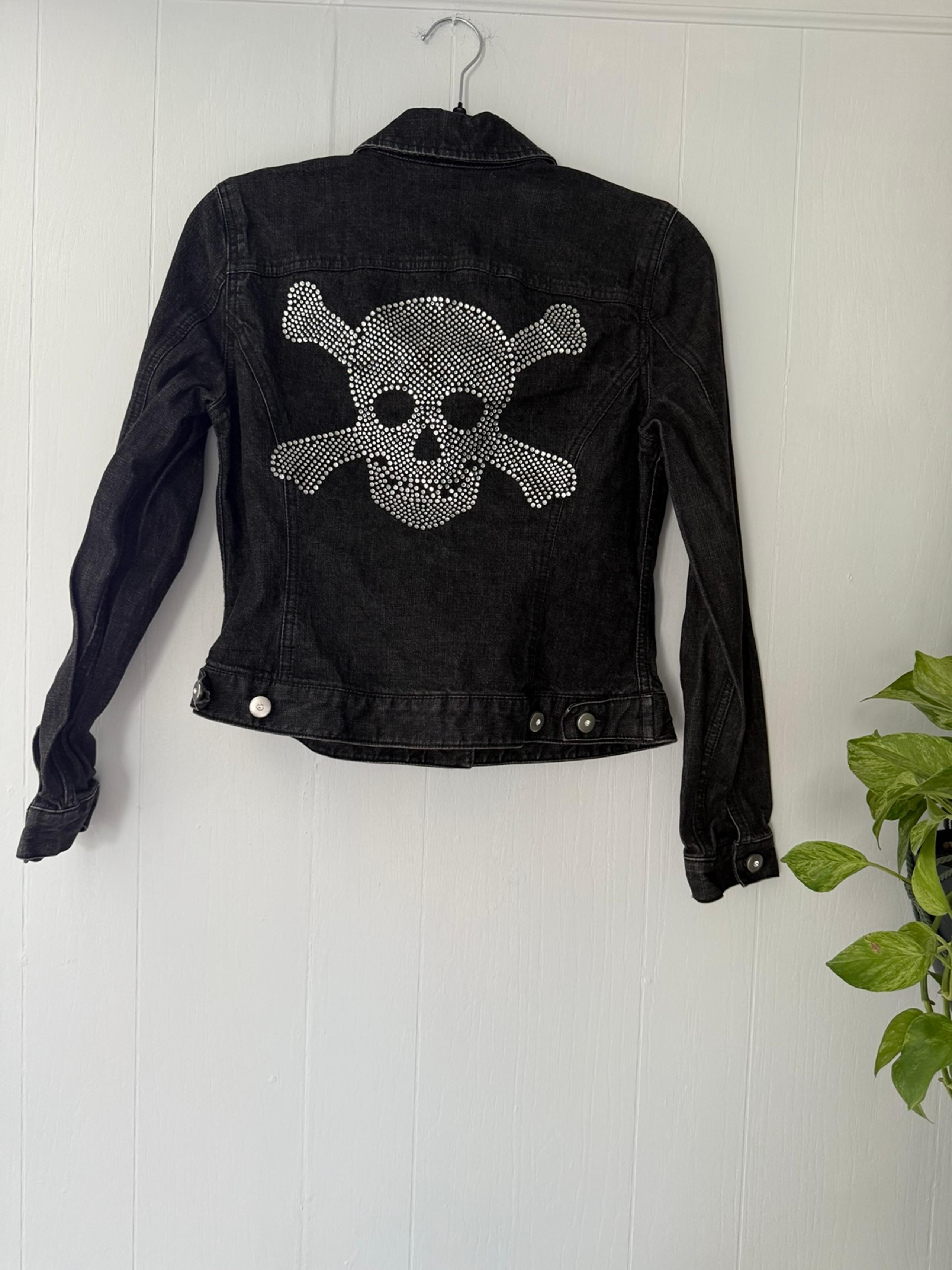 INC International Concepts JEAN Jacket Petite S Black Trucker SKULL RHINESTONE