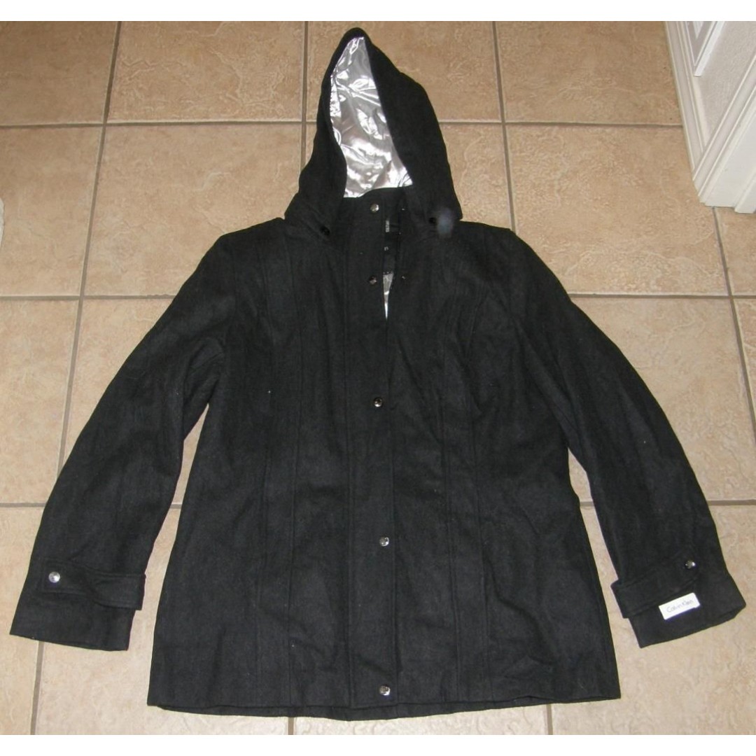 NEW NWOT Black Sz 16 Wool Blend Removeable Hood Coat with Pockets CALVIN KLEIN