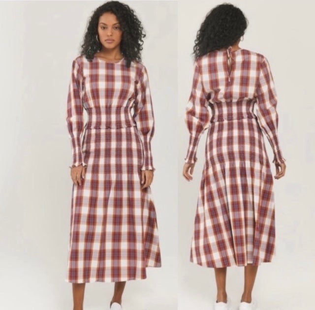 Something Navy Blanche Smocked Plaid Midi Dress - Small