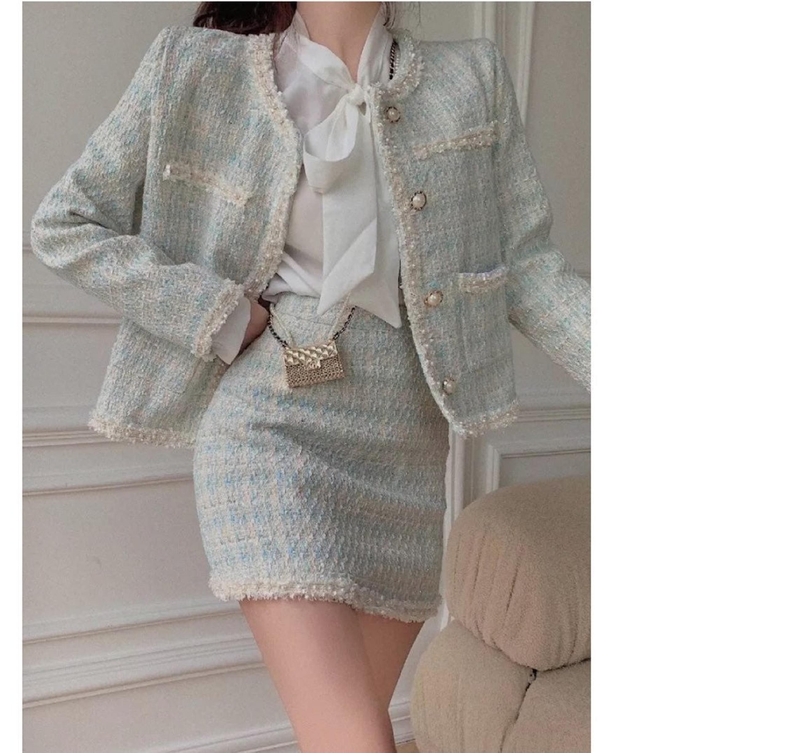 Suit jacket skort 2 PC SET blue white luxury womens top bottom skirt