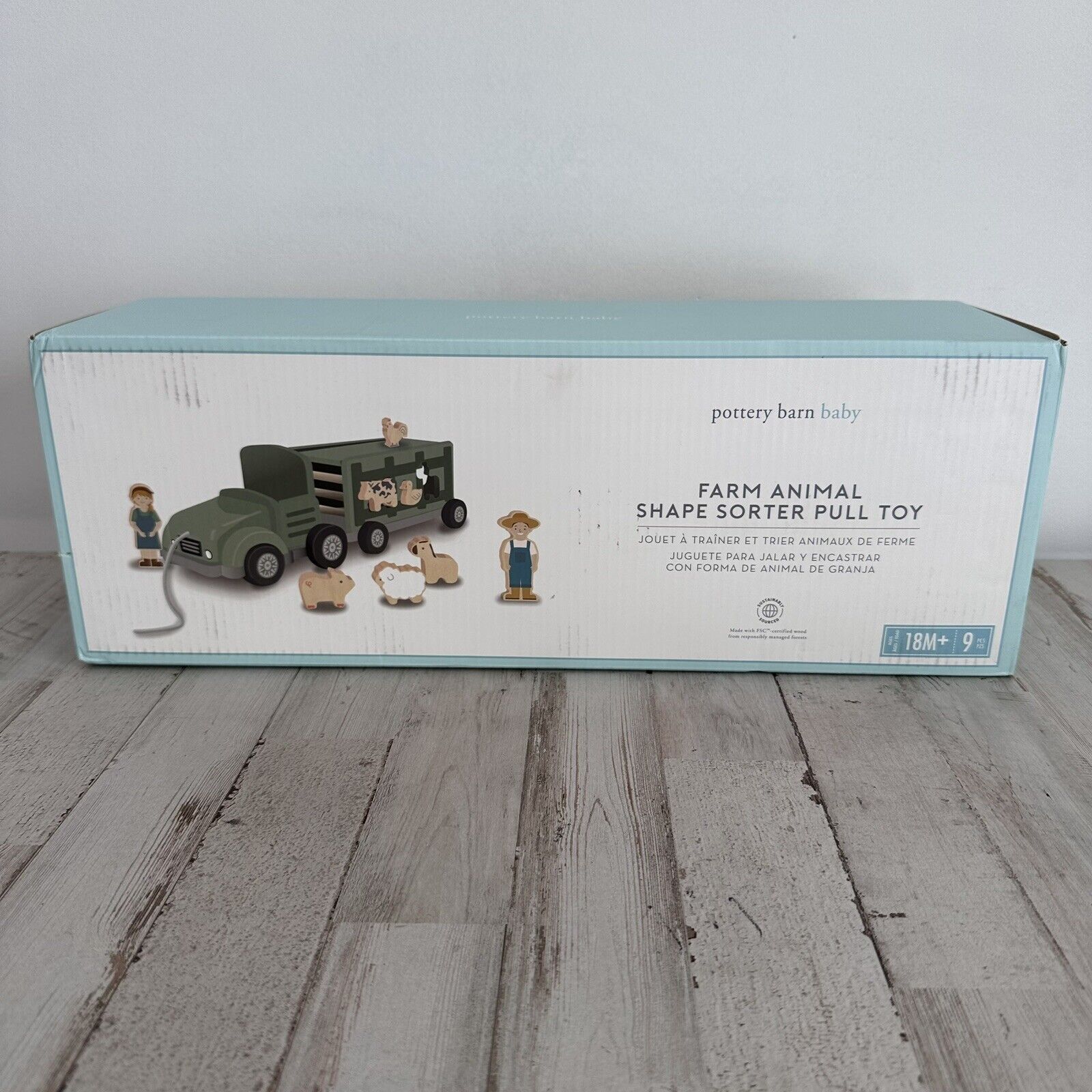 Pottery Barn Baby Farm Animal Shape Sorter Pull Toy 18 Months Gift Wood NEW