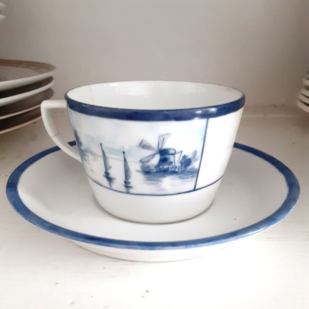 Rare Antique William Guerin Limoges France teacup saucer Delft style blue