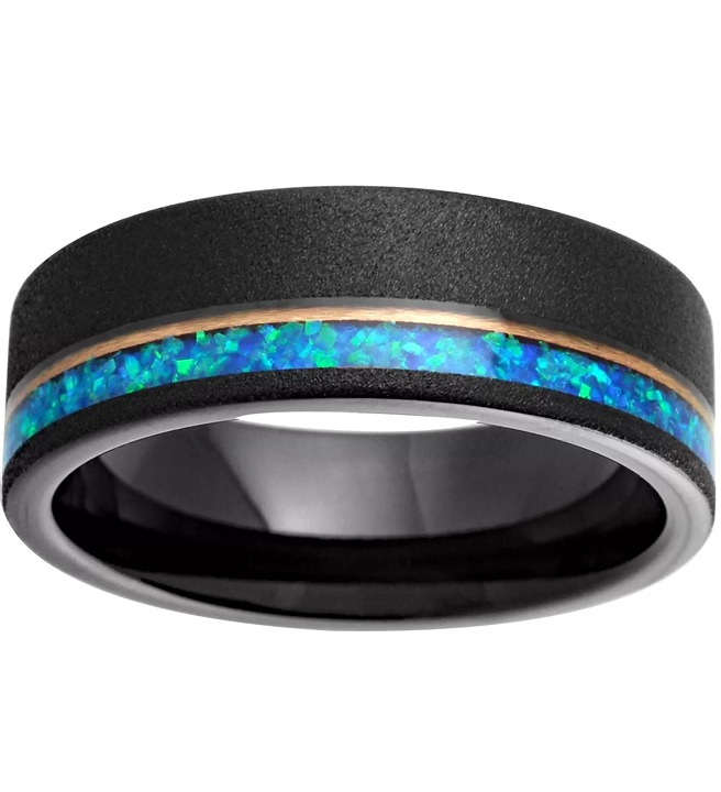 Black tungsten wedding ring band blue opal inlay 8mm comfort fit