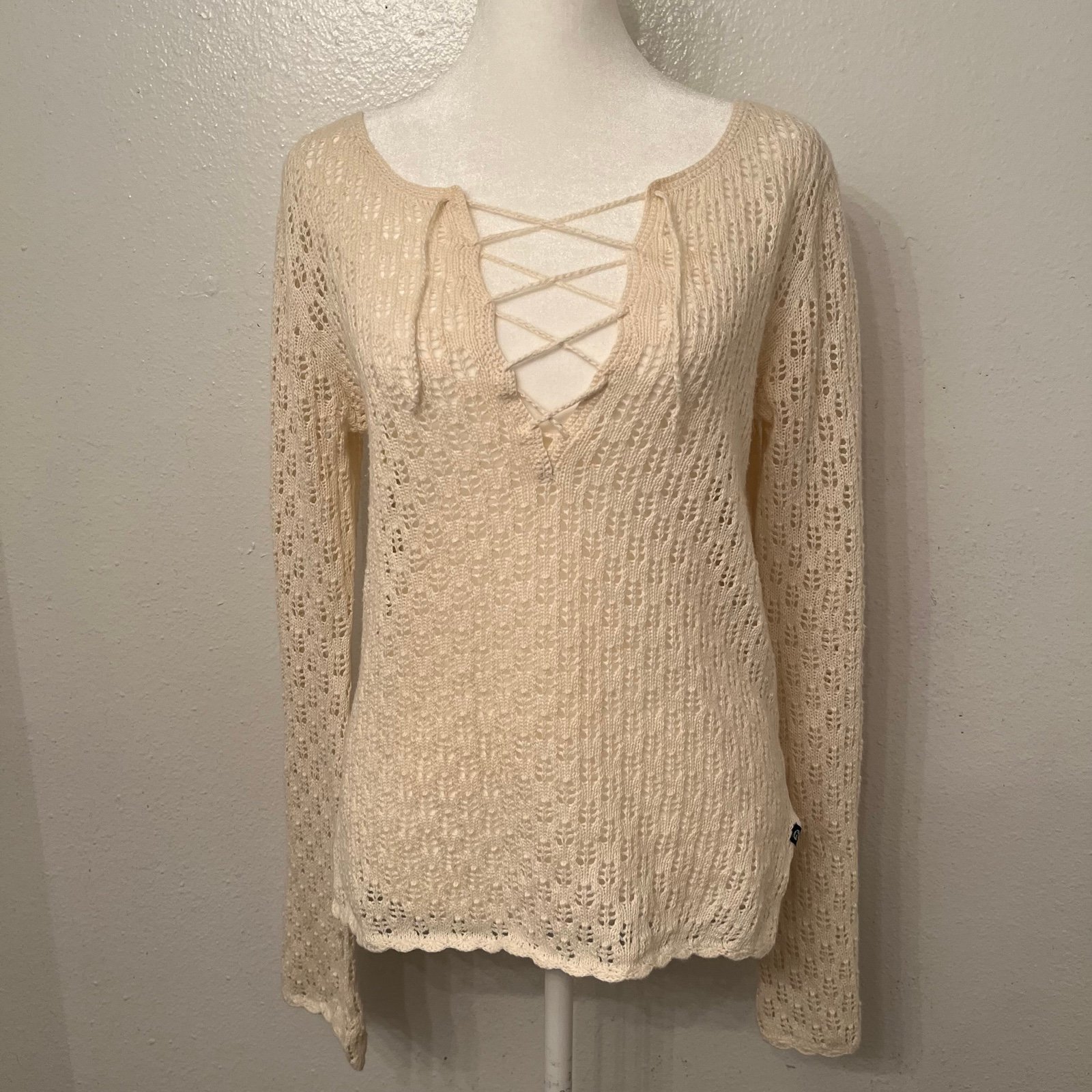 Vintage Y2K Hollister 2000s Crochet Lace Up Logn Sleeve Cottagecore Fairy Top