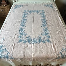 Vintage Linen Tablecloth Blue Crosstitch Pale Pink 53x73 Scalloped Edges