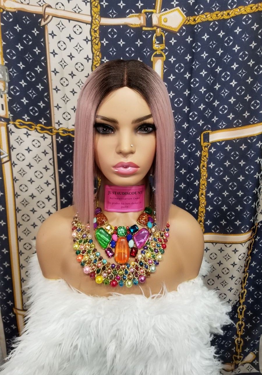 Sexy Rosegold pink bob brown root wig
