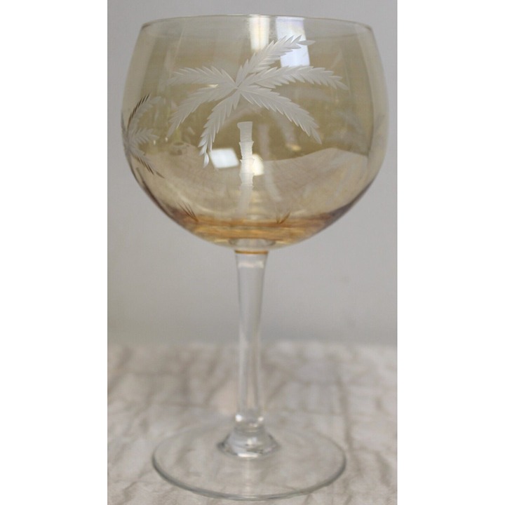 Lenox Amber Glass British Colonial Palm Trees Cut Etch Balloon White Wine Chardo