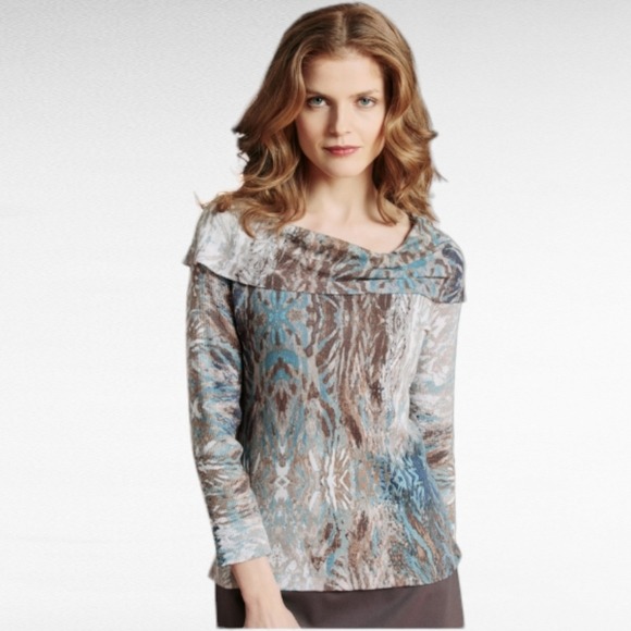 Nic + Zoe Blue & Brown Cowl Neck Lightweight Sweater Size SP