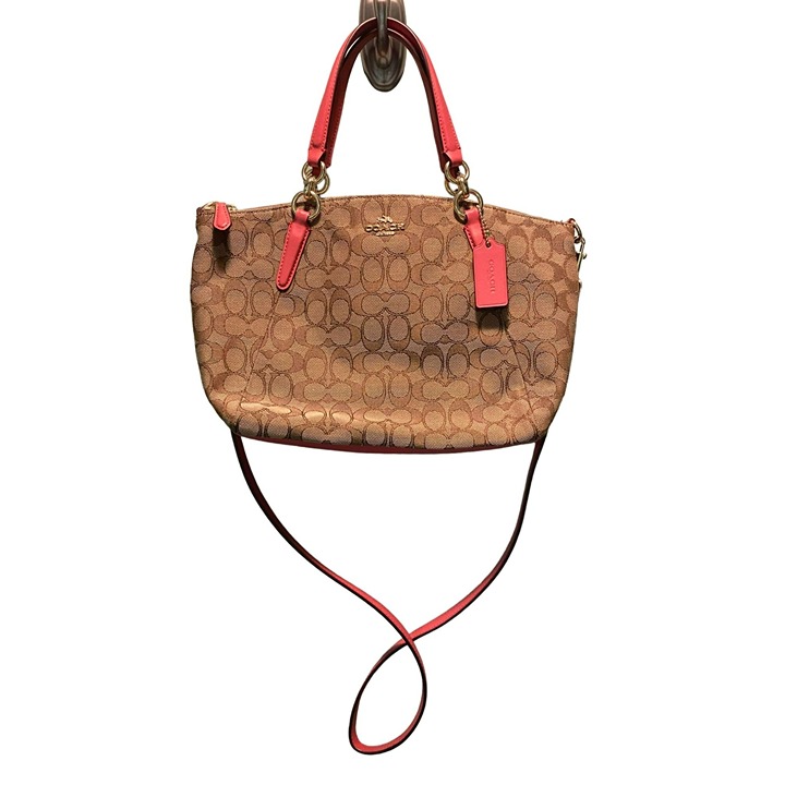 Coach NWOT Kelsey Signature Brown Canvas with Pink Accents Handbag With Leather