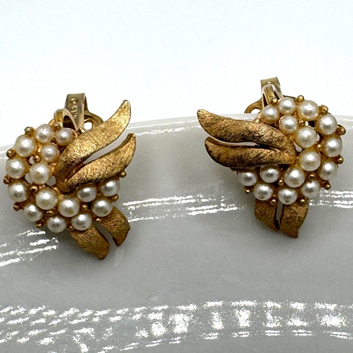 Vintage Trifari Gold-Tone Metal Wing Clip-On Earrings With Imitation Pearls