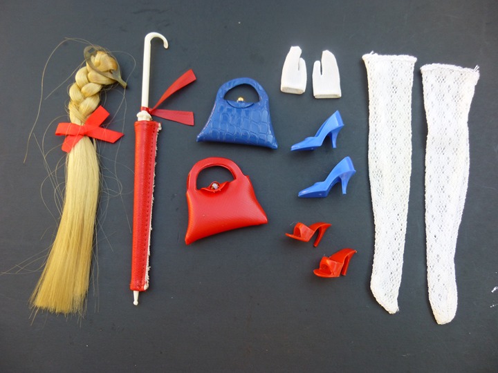Vintage Barbie Pak FANCY TRIMMINS Set Umbrella Purses Shoes Braid Stockings 1967