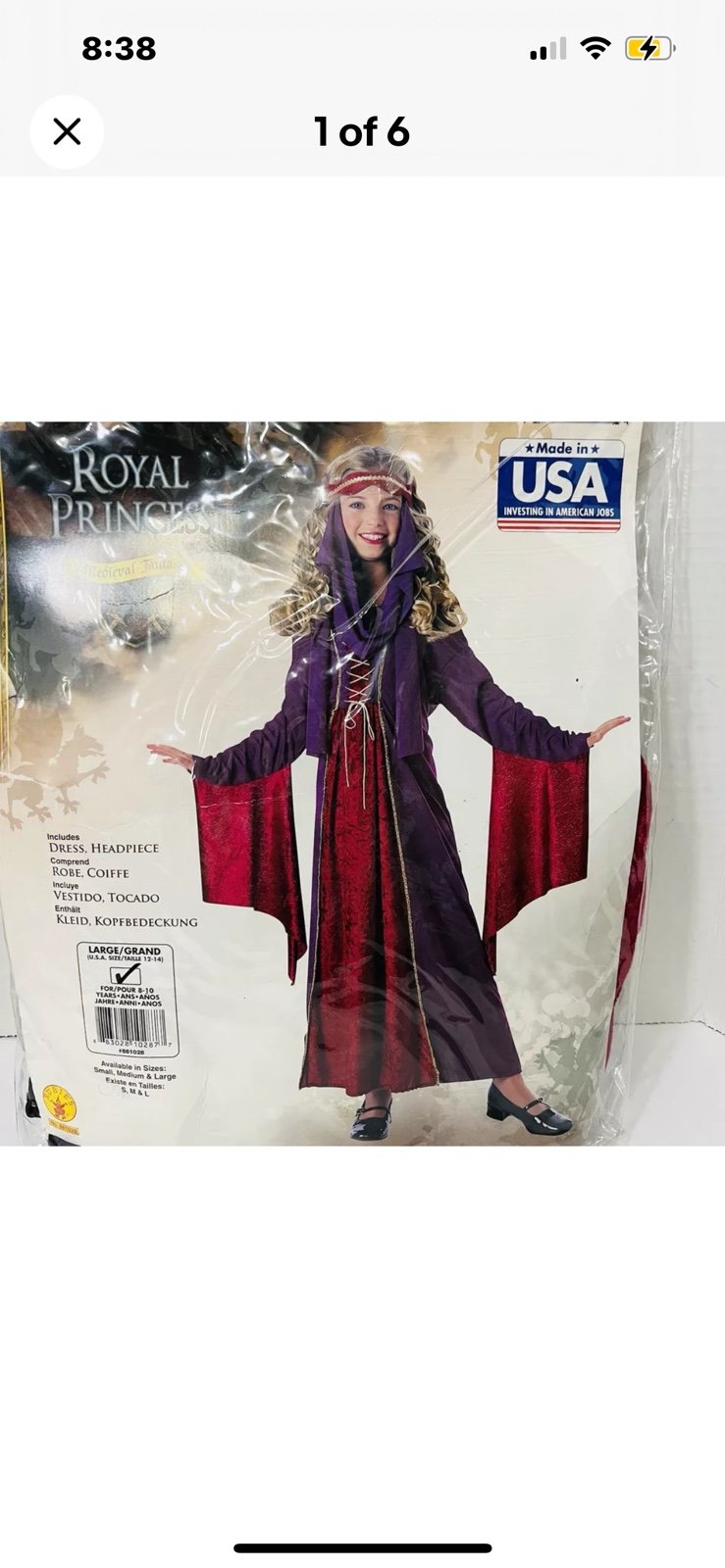 Childs Large 8-10 Year Old Royal Princess Costume