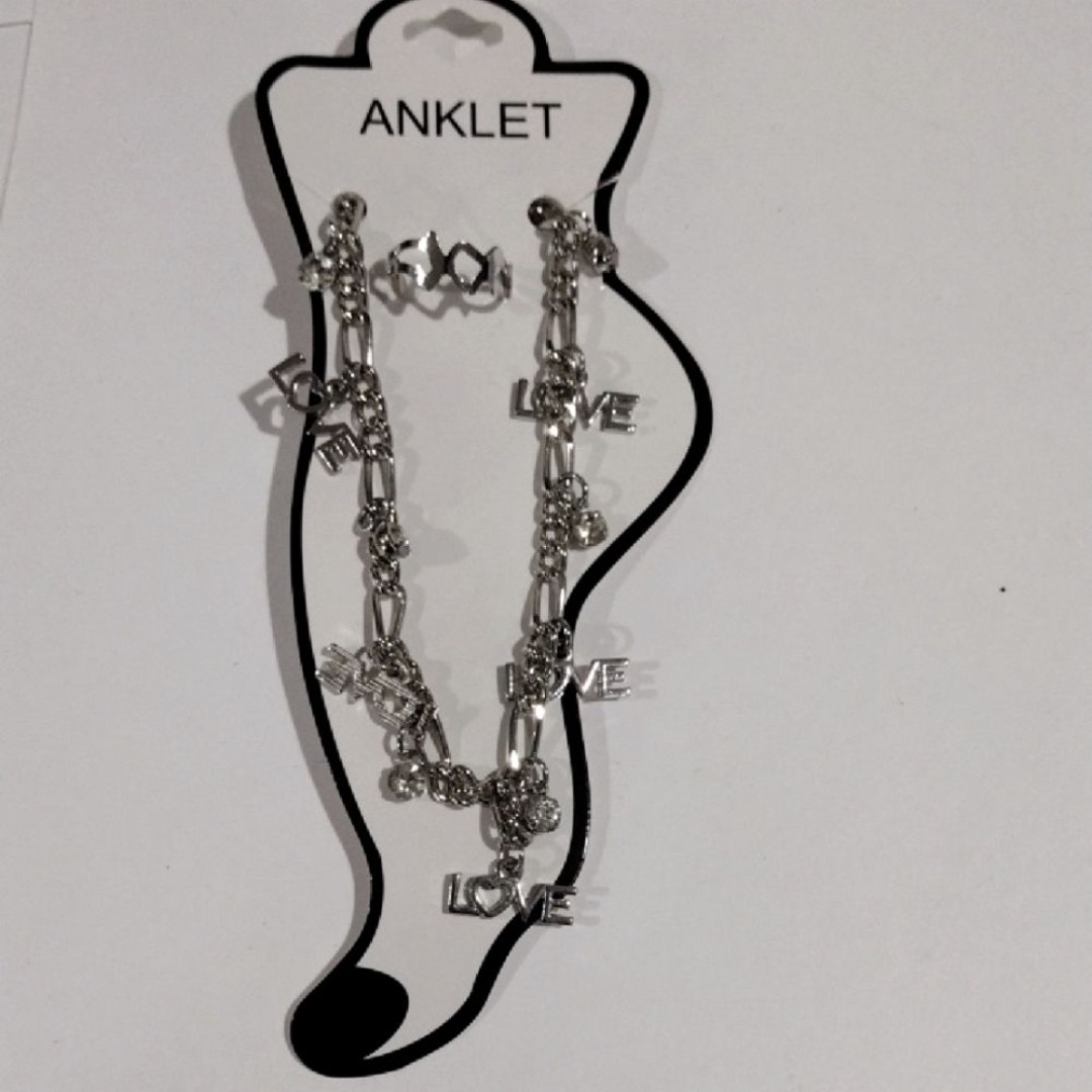 Silver Tone LOVE & Crystal Charms Anklet w/ Adjustable Toe Ring, Women's Jewelry