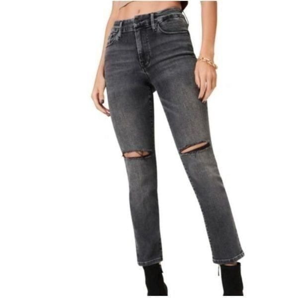 Good American Good Legs Crop Straight Jeans, Size 10 / 30 Gray Black Distressed