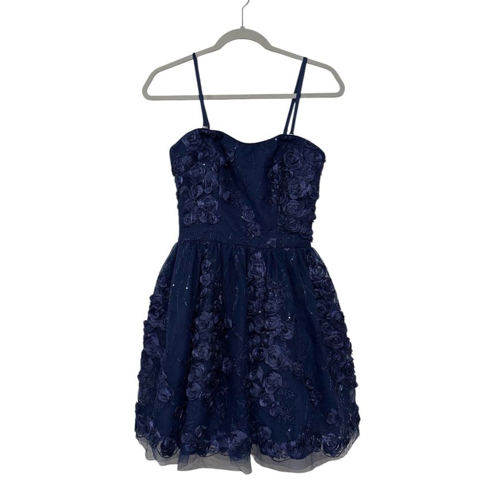 Dress The Population Formal Navy Midi Dress Floral Sequin & Tulle Dress XS