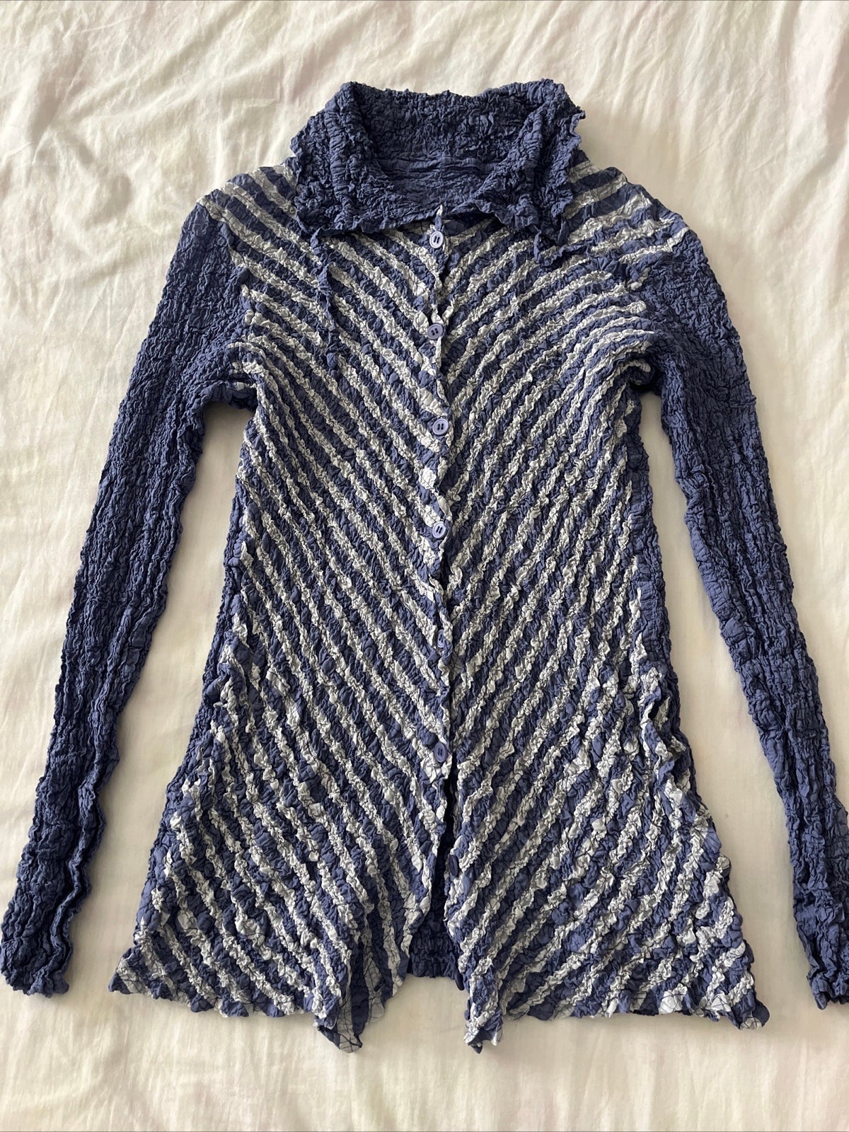 issey miyake me cauliflower long sleeve button down collar purple stripe top