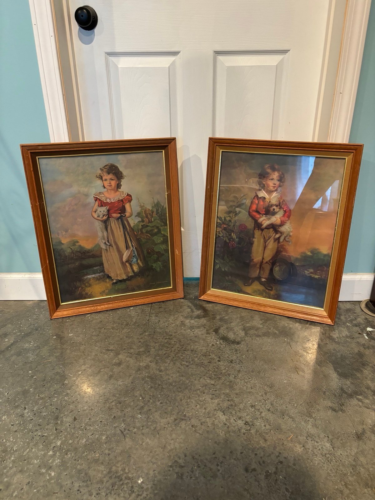 Vintage Jane Freeman litho framed girl and kitten, boy and dog art