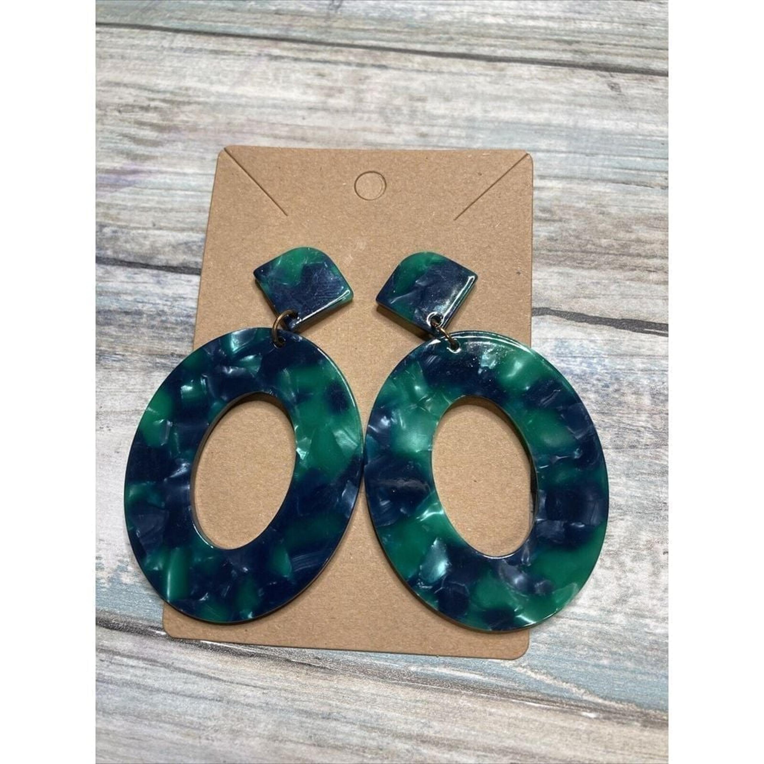 Oval Green Acrylic Marbleized EARRINGS Large Drop Dangle 2.5"