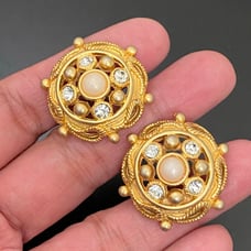 Vintage Unsigned Gold-tone Faux Pearl Rhinestones Dome Clip On Earrings 24g.