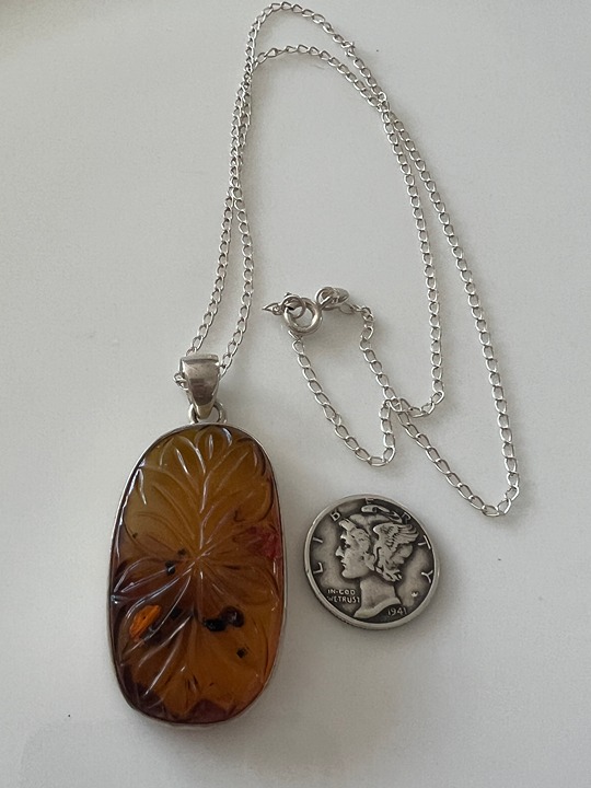 Sterling Carved Baltic Amber Pendant Necklace