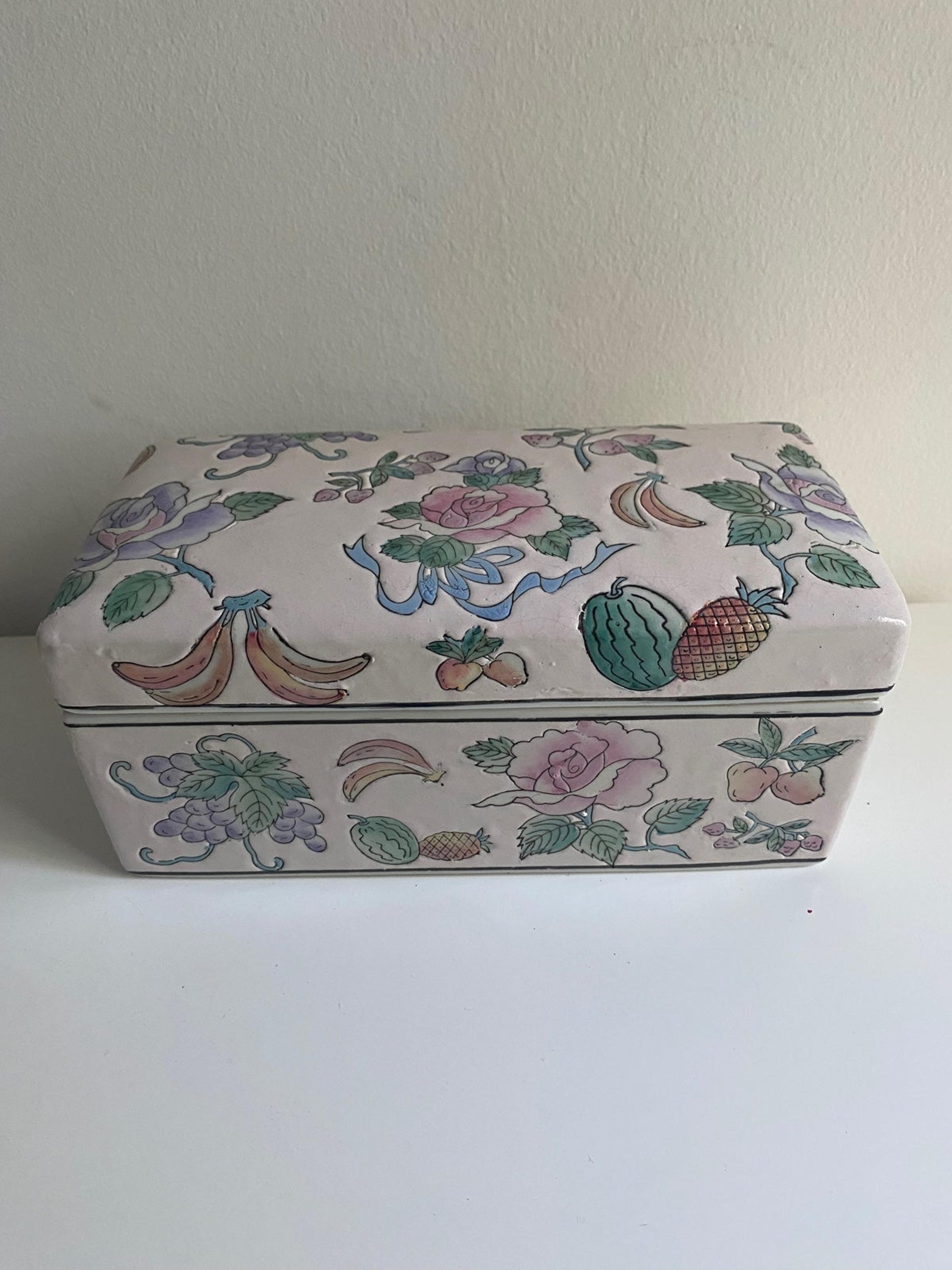 Soft pink hand painted flowers and strawberries porcelain trinket box China 8”