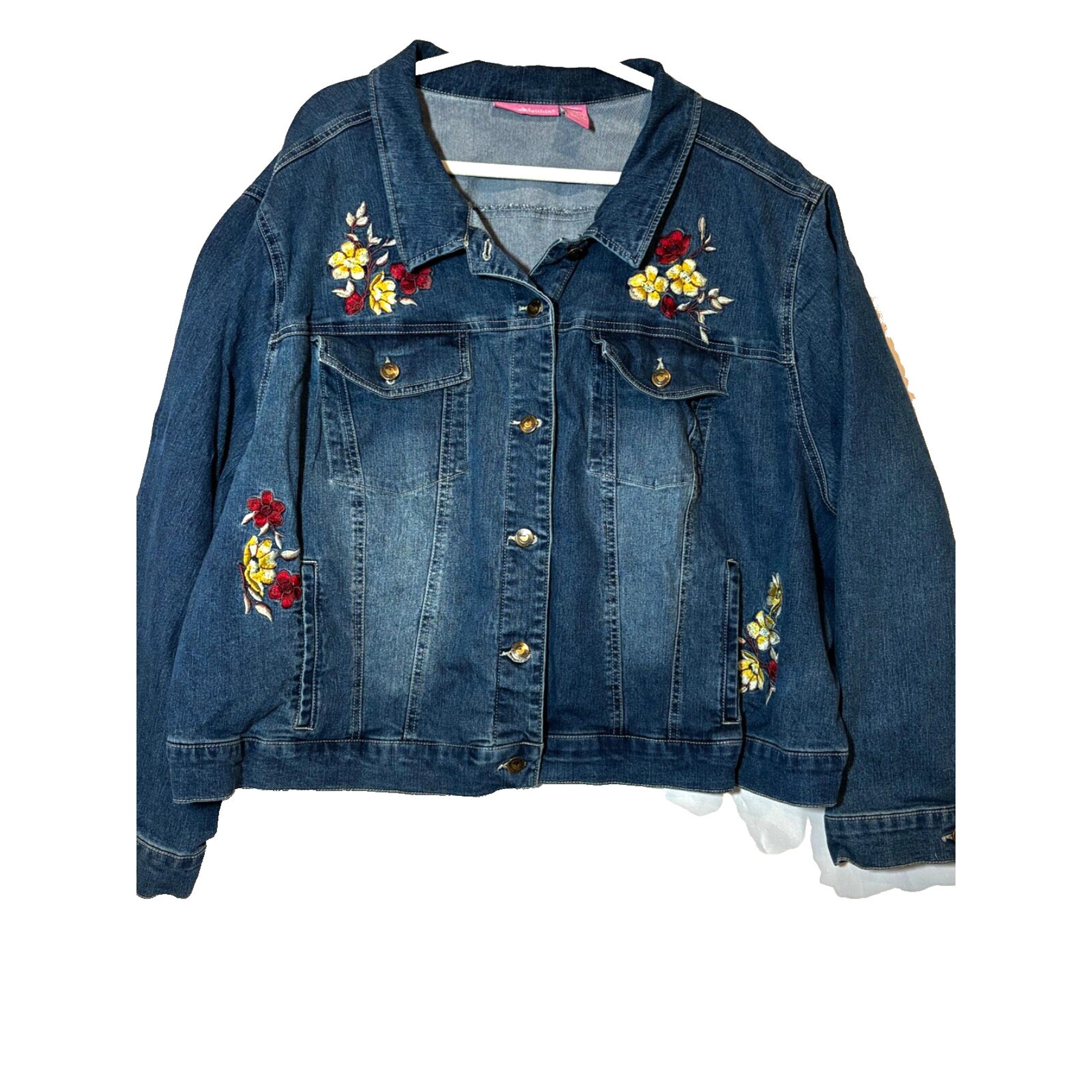 Woman Within Denim Jacket Coat Plus Sz 32 Embroidered Stretch Blue boho capsule