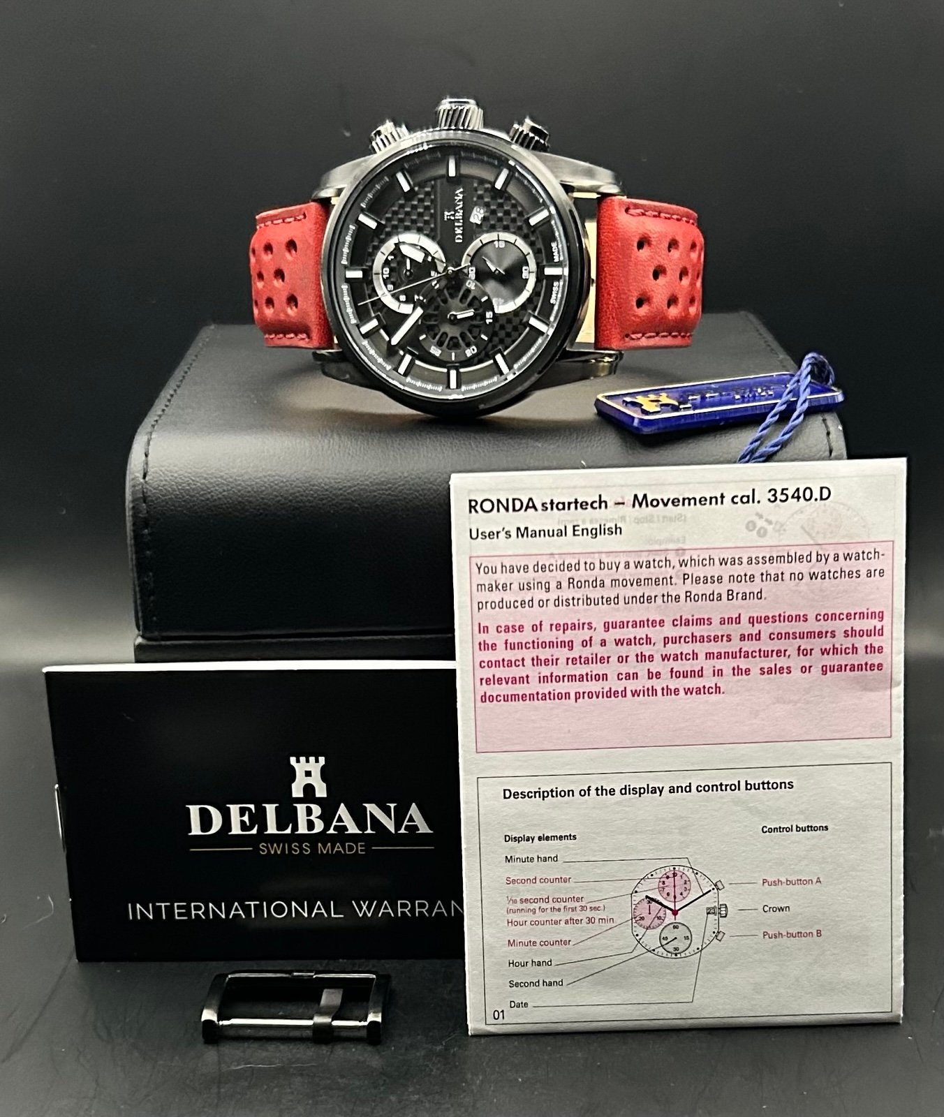 Deblana Men’s Orlando Black Case Red Leather Strap Quartz Watch 46mm Box/Papers