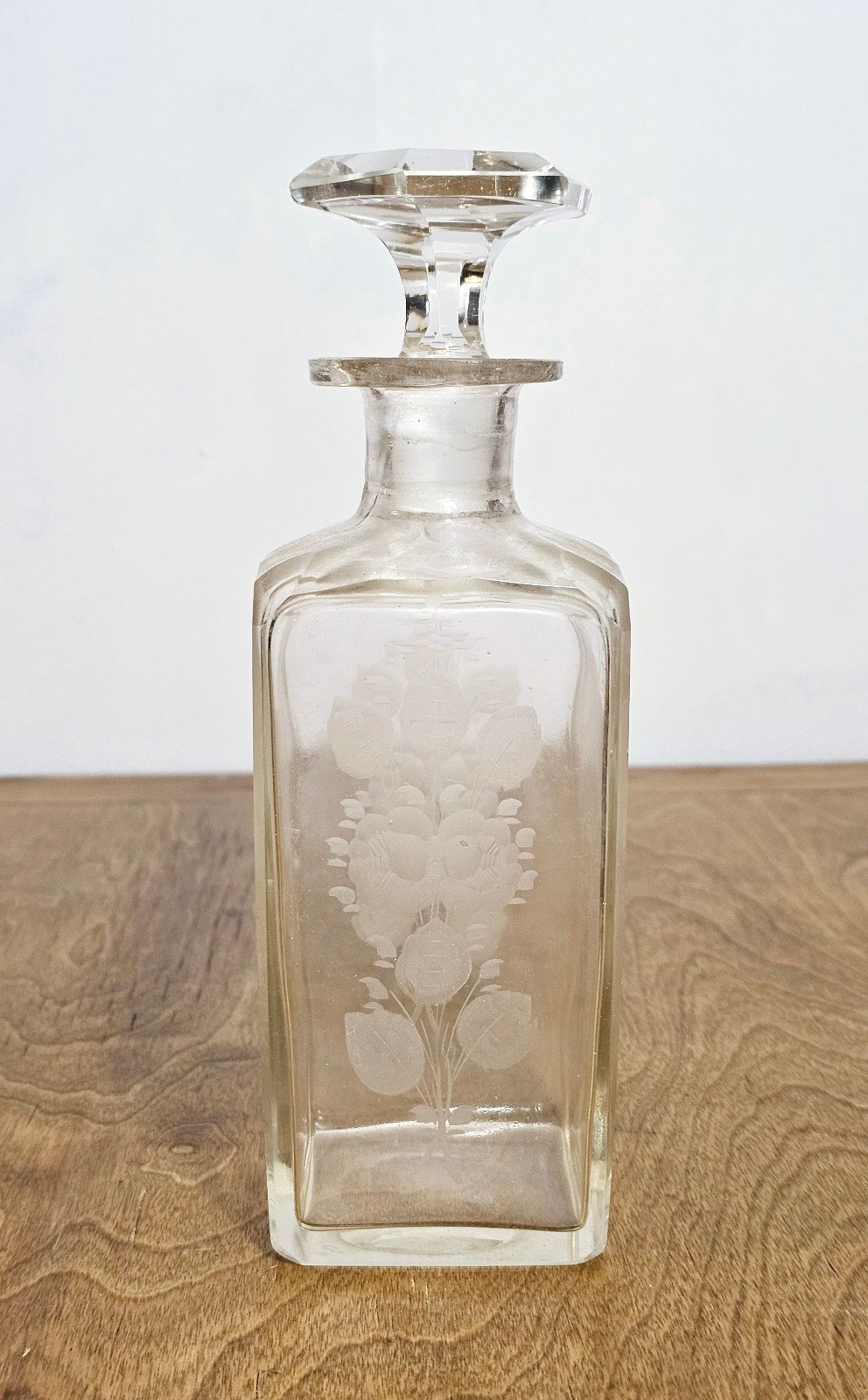 Antique Glass Perfume Bottle with Floral and Grapevine Etching