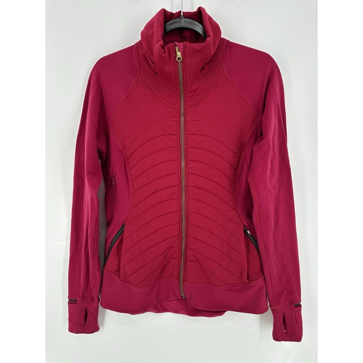 Lululemon Fleece Out Jacket Polartec Berry Rumble Quilted Gold Zippers Womens 8