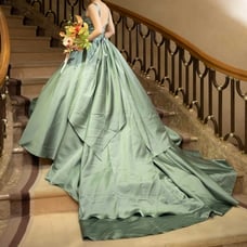 【YNS】Green Colored Dress, Princess Line, Detachable Train Included